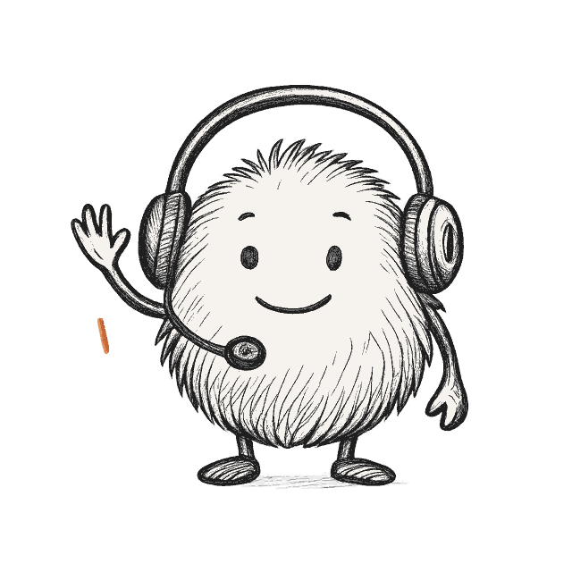 Murmel, das Maskottchen: ein flauschiger Ball mit Headset, der winkt
